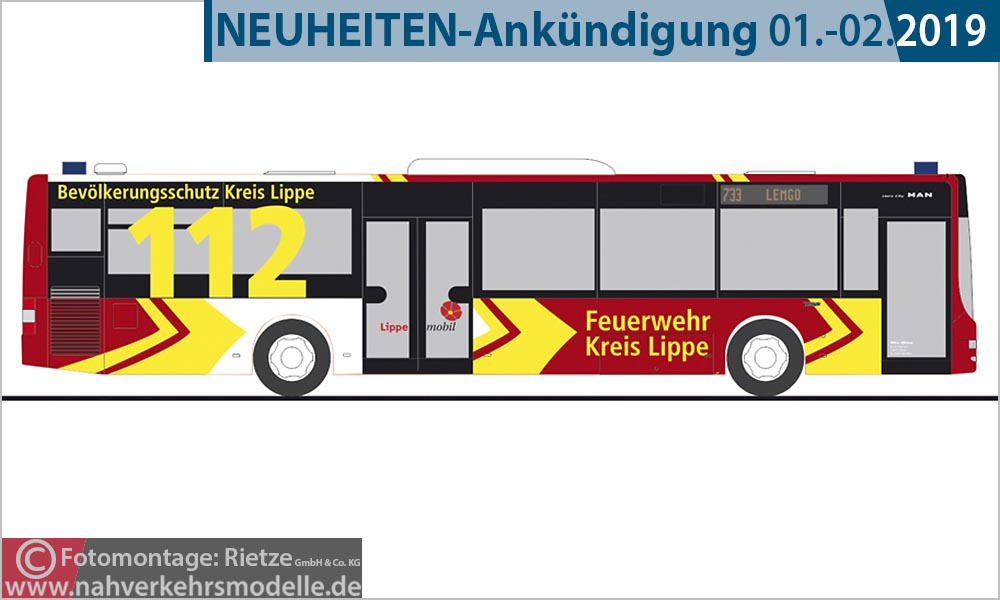 Rietze Busmodell Artikel 73906 M A N Lions City  2015 Feuerwehr Kreis Lippe