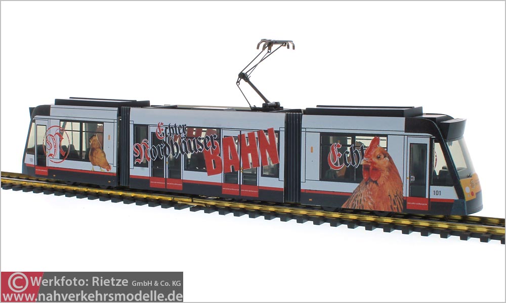 Rietze Linie 8 Straßenbahnmodell Artikel stra01022 Siemens Combino Verkehrsbetriebe Nordhausen GmbH mit Werbung Echter Nordhäuser