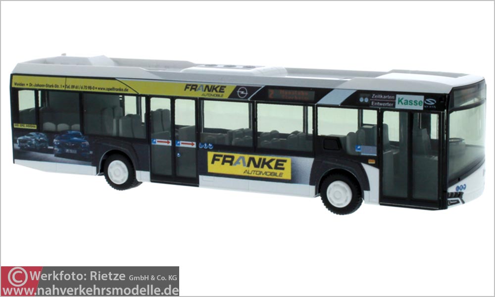 Rietze Busmodell Artikel 73026 Solaris U 12 2014 Stadtbus Weiden Werbung Opel Franke